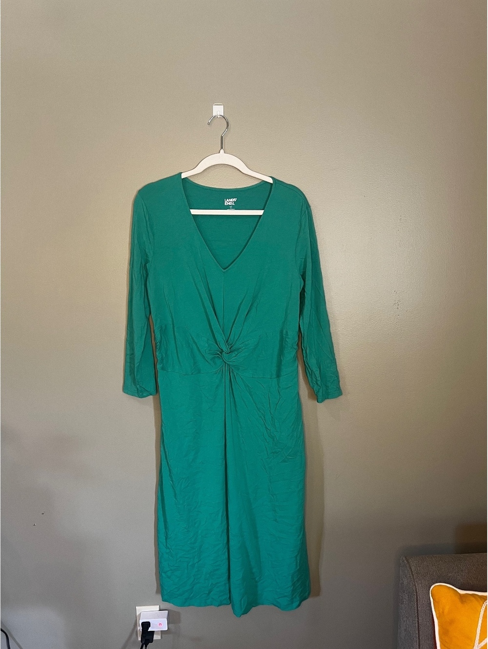 Lands’ End Dark Teal Green V Neck Front Knotted Long Sleeve Dress